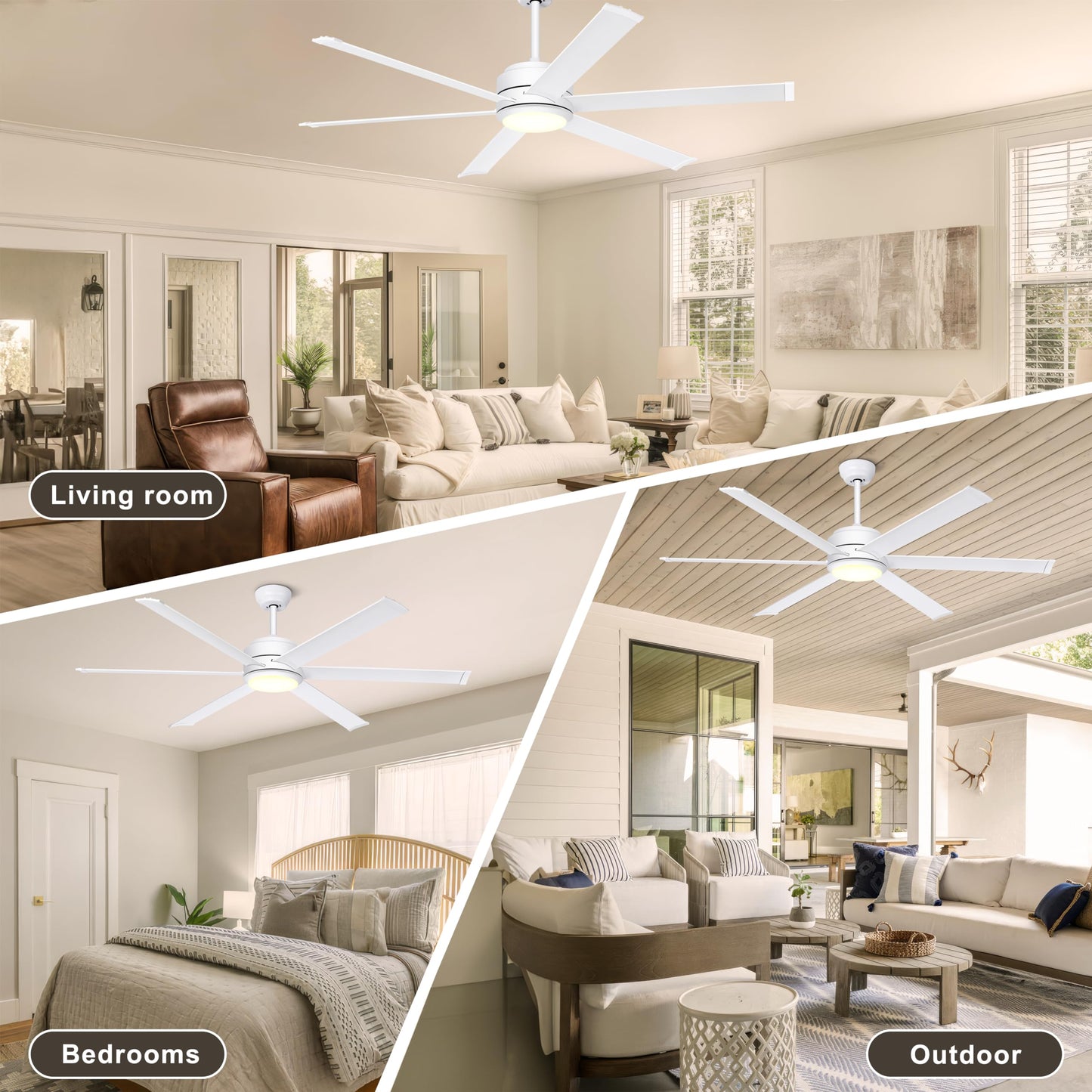 Ohniyou 60" Industrial Ceiling Fan with Lights - Remote & APP Control, Dimmable, DC Motor, Indoor Outdoor Fan for Patio Living Room, White