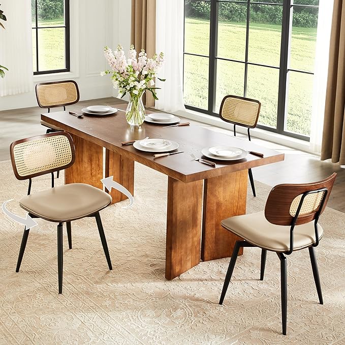 Quenvo Swivel Dining Chairs with Rattan Back, Rattan Leather Dining Chairs with Swivel Metal Legs, Mid-Century Modern Synthetic Leather Upholstered Kitchen Chair, Set of 6, Beige