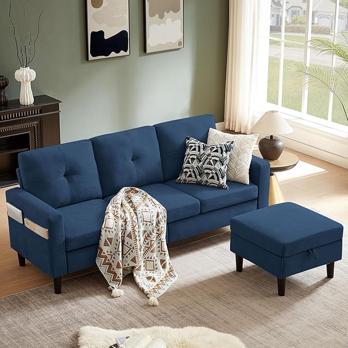 Pingliang Home 80" Convertible Sectional Sofa Couch with Movable Ottoman, 3 Seats Sectional Sofas L Shaped Couch for Small Spaces, Soft Fabric Couch for Living Room (Blue)