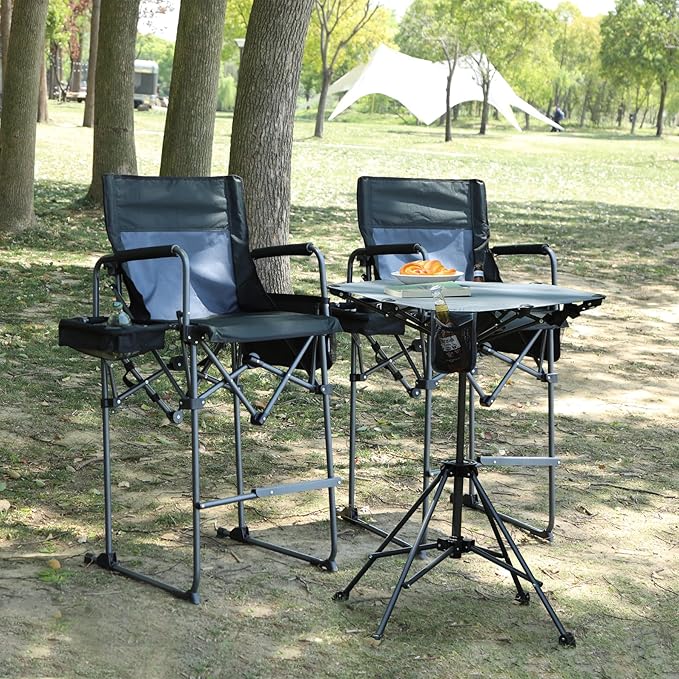 Stonehomy Tall Folding Directors Chairs 2Pack & Adjustable Height Folding Table Set,Portable Outdoor Bar Table & Foldable Director Chairs with Makeup Pocket for Backyard,Beach,Travel with Storage Bag