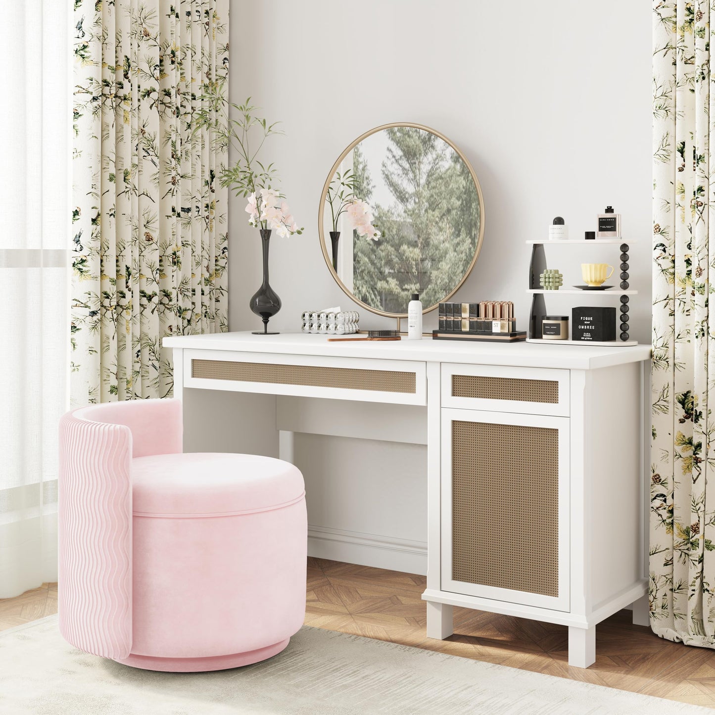 allamazing 360° Swivel Accent Chair with Storage, Vanity Stool with Back, Velvet Storage Ottoman, Upholstered Round Barrel Vanity Chair for Living Room, Makeup Room, Bedroom (Pink)