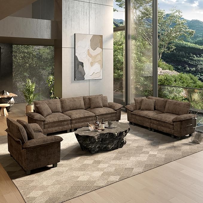 HERA'S HOUSE 3 Pieces Modular Sectional Sofa Sets, Oversized Couch Set with Loveseats, Comfy Cloud Couches with Throw Pillows, 7-Seater Deep Seat Sofa for Living Room, Chenille Taupe