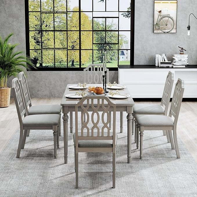 chairus Farmhouse Dining Chairs Set of 6, French Country Wooden Dining Room Chairs with Lattice Back & Nailhead Trim, Upholstered Linen Fabric Kitchen Side Chairs, Grey
