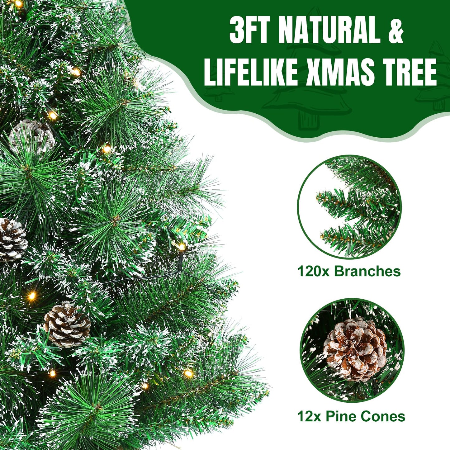 Joyhalo 3FT Christmas Tree Table Top, Small Pre Lit Christmas Tree, Artificial Xmas Tree with 135 Branches 50 Lights Battery Powered, Outdoor Christmas Tree for Apartment Office Holiday Party Decor