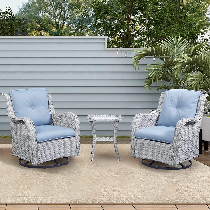 Rilyson Patio Chairs Rocking Swivel Chiar - 3 Piece Outdoor Wicker Patio Bistro Set Rattan Rocker Glider Chairs with High Back and Deep Seating for Outside Porch Deck Garden(Light Grey/Sky Blue)