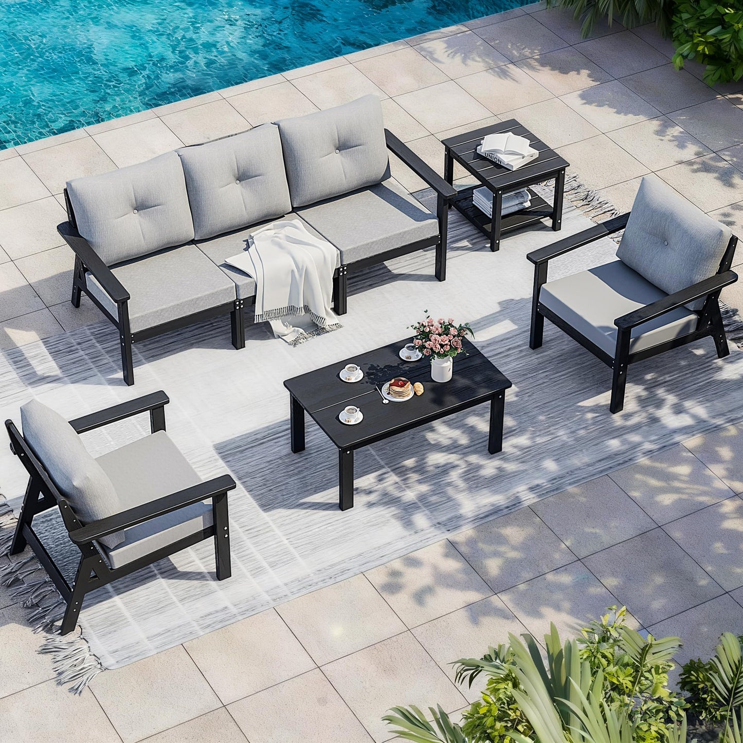 PamapicLife 7-Piece HDPE Patio Furniture Set, Outdoor Sectional Sofa Set,All Weather Outdoor Couch with Dust-Free Cushions, Durable Patio Conversation Sets for Balcony, Porch, Black
