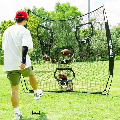 BaseGoal 8 x 8ft Football Net With 4 Target Pockets for Throwing Accuracy, Quarterback Training Equipment (Black)