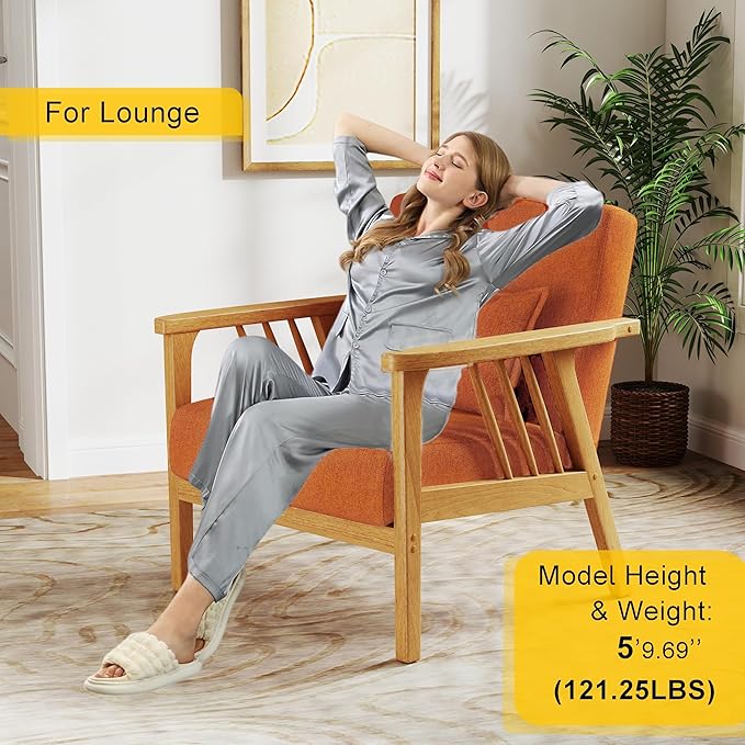 SEYNAR Mid-Century Accent Chair, Linen Fabric Armchair and Lounge Chair with Lumbar Pillow, Wide Seat & Solid Wood Frame for Living Room, Bedroom or Balcony (Orange)