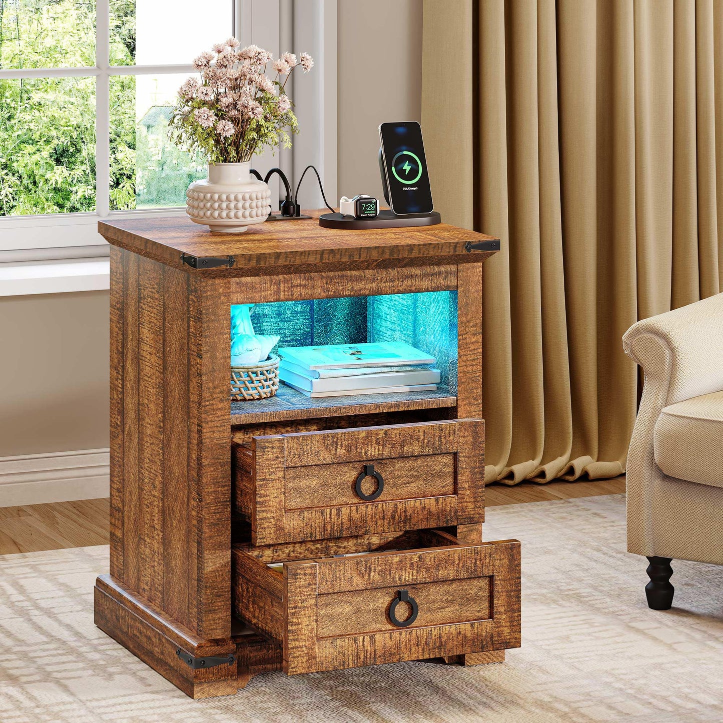 YITAHOME Nightstand Set of 2, Farmhouse Night Stand with Charging Station & 2 Drawers for Bedroom, LED Lights, Heavy Duty End Table Side Table w/Open Shelf, Retro Brown