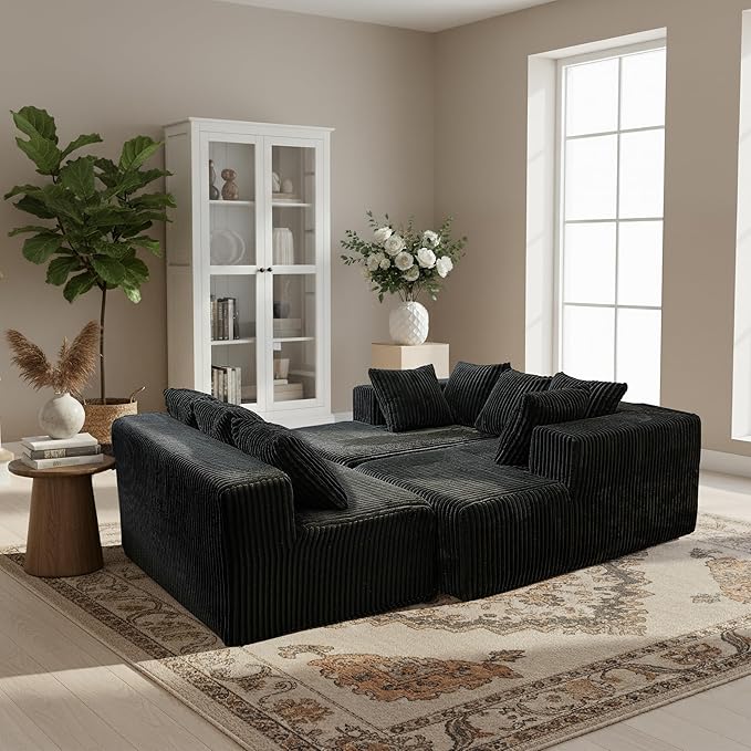 SEENYOO 130" Boneless Couch, Cloud Couch Sectional, Corduroy Sofa for Living Room, U Shaped Modular Sofa with Chaise, No Assembly, 4 Seats Oversized (Black)