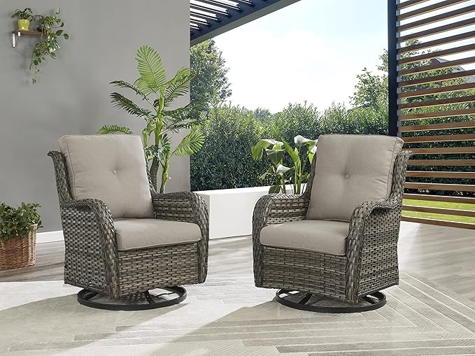 Rilyson Wicker Rocking Chair Swivel Chairs - 3 Piece Rocker Patio Furniture Set Rattan Rocking Bistro Sets with Glass Top Side Table for Outdoor Porch Deck Garden Backyard (Mixed Grey/Grey)
