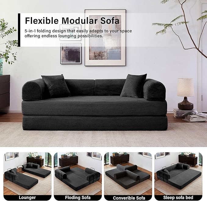 79" 5-in-1 Folding Convertible Sofa Bed, Oversized Corduroy Futon Floor Couch with Pull-Out Sleeper, Modular Boneless Loveseat for Small Spaces, Living Room, Bedroom (Black)