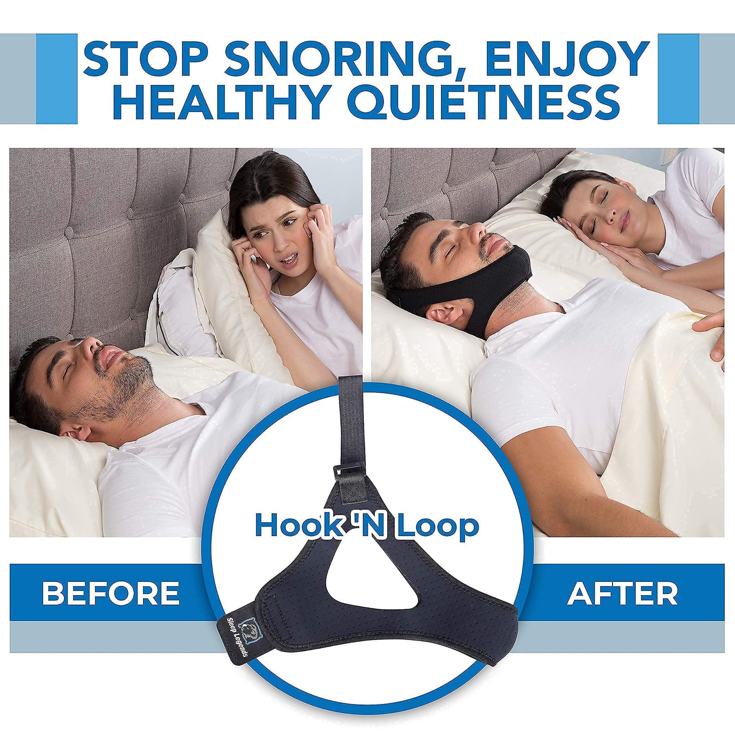 Sleep Legends Premium Anti Snoring Chin Strap for CPAP Users, & to Keep Mouth Shut & Dry! - Snore Reduction Chinstrap for Men & Women with New Adjustable Hook ‘N Loop Strap