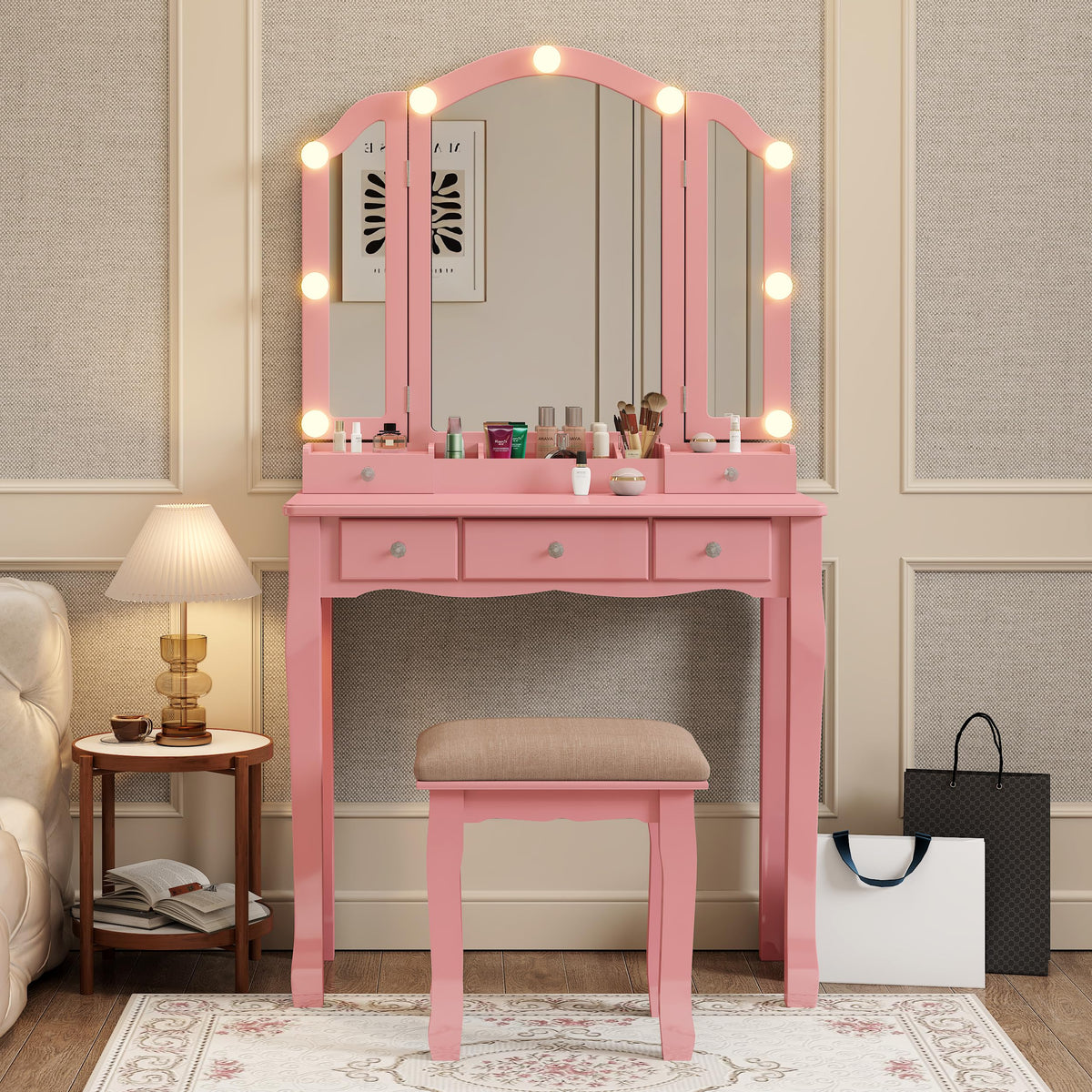 Phonrida Pink Makeup Vanity for Girls Vanity Desk with Mirror and Lights Girls Vanity Desk Vanity with Lights Make Up Vanity Set tocadores para maquillarse con Luces y cajones Vanity Table Set
