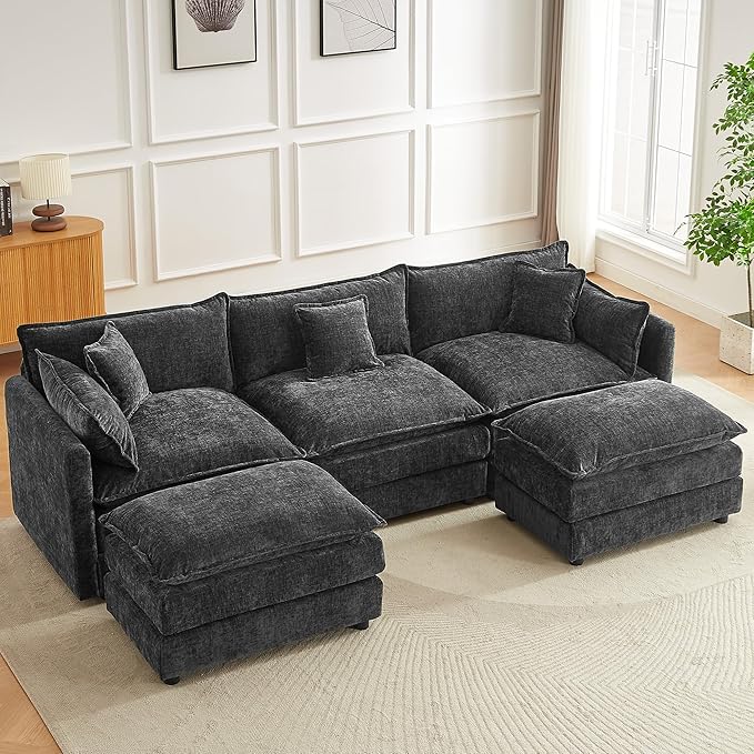 saows Modular Sectional Sofa, 112.2 Inch U Shaped Couch Set with Armrests, 3-Seater Comfy Cloud Couches with Movable Ottoman for Living Room Apartment, Grey