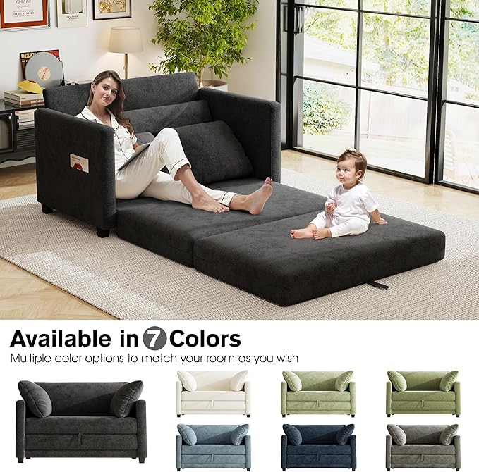 kakuboohi 51" Loveseat Sleeper Sofa Bed, Chenille Convertible Floor Sofa Bed for Small Spaces, Folding Couch Bed with Deep Seat, 2 Pillows & Solid Frame, Pull Out Floor Couch for Living Room, Black