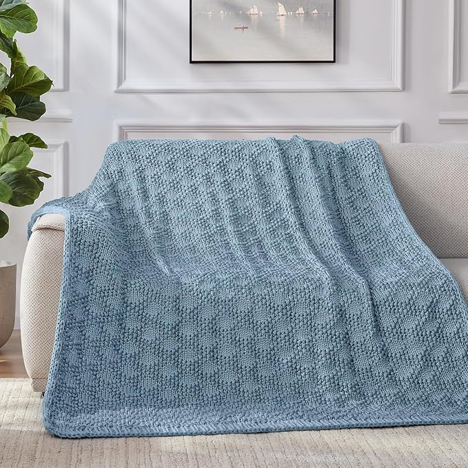 Knitted Weighted Blanket for Adult, Chunky Knit Weighted Throw for Sleep 50"*60" 7lbs, Cooling Breathable Heavy Blanket for Hot Sleepers, Machine Washable Blanket for Room Decor(HazeBlue)