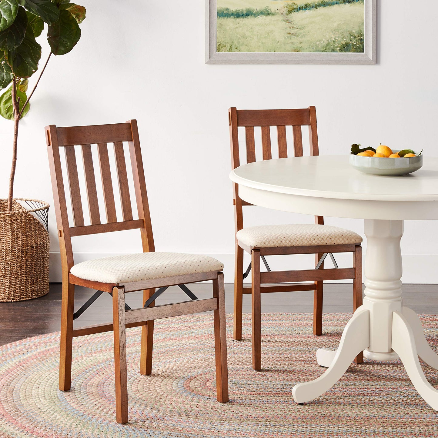 Stakmore Arts and Crafts Wooden Folding Chairs with Padded Seats, Set of 2 - No Assembly Foldable Dining Chairs, Steel Folding Mechanism, Upholstered Cushion, Space-Saving, Fruitwood Frame
