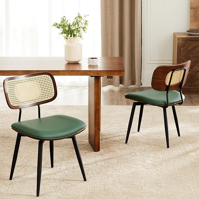 Quenvo Dining Chairs with Rattan Back, Modern Green Leather Dining Chairs Set of 4, Swivel Dining Room Chairs Kitchen Side Chairs with Metal Legs and Upholstered Seat for Kitchen & Living Room