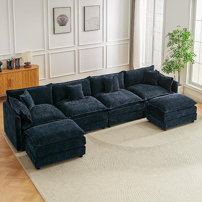 saows Modular Sectional Sofa, 147.2 Inch U Shaped Couch Set with Armrests, 4-Seater Comfy Cloud Couches with Movable Ottoman for Living Room Apartment, Blue