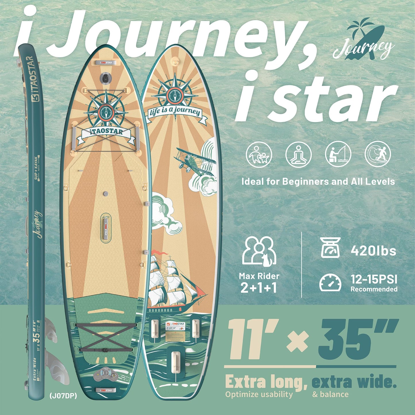 iTAOSTAR J07DP 35" Extra Wide Stand Up Paddle Board, More Balance Inflatable Paddle Board with 5 Fins for Beginner,Paddle Boards for Adults of All Skill Levels