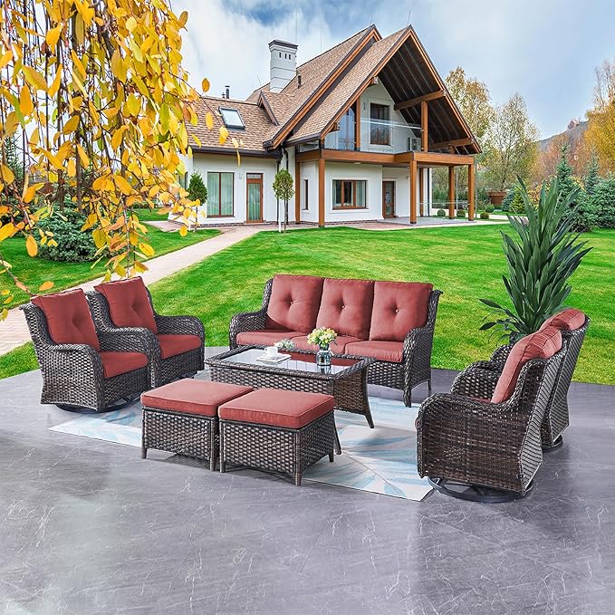Patio Furniture Swivel Chairs Set - 8 Piece Wicker Rattan Outdoor Sectional Conversation Sets with 4 Swivel Rocking Chairs,2 Ottomans,1 Sofa and 1 Coffee Table for Porch Deck Garden(Brown/Red)