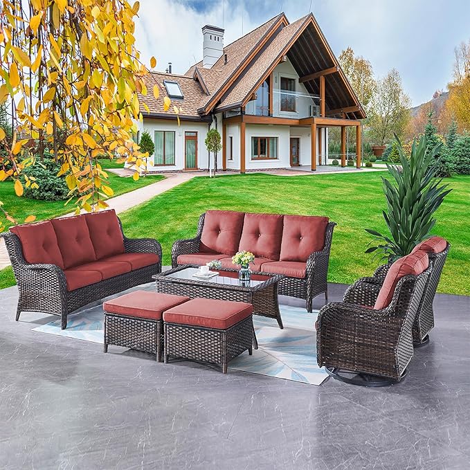 Rilyson Wicker Patio Furniture Set - 7 Piece Rattan Outdoor Sectional Conversation Sets with 2 Rocking Swivel Chairs,2 Ottomans,2 Sofa and 1 Coffee Table for Porch Deck Garden(Brown/Red)