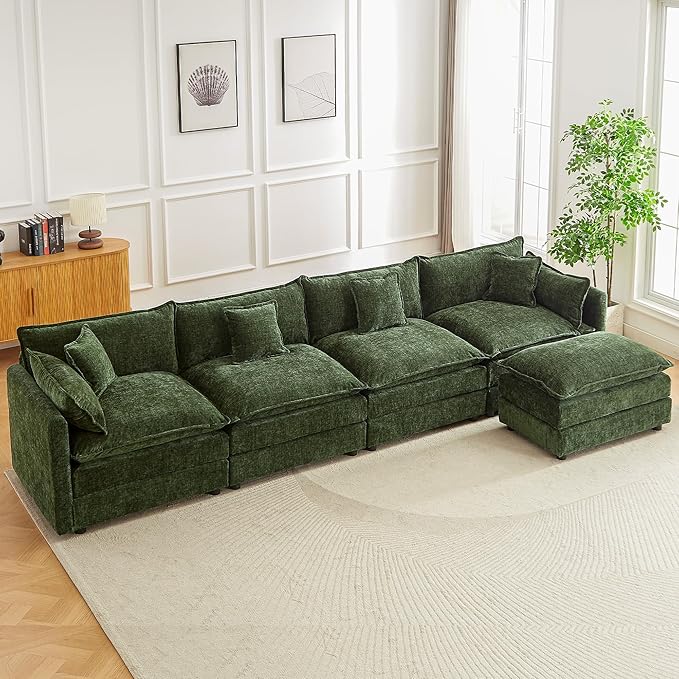 saows Modular Sectional Sofa, 147.2 Inch L Shaped Couch Set with Armrests, 4-Seater Comfy Cloud Couches with Movable Ottoman for Living Room Apartment, Green