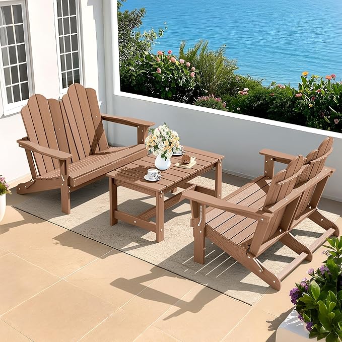 SERWALL Folding Adirondack Bench, HDPE All-Weather Adirondack Loveseat Set of 2, Brown