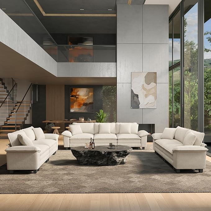 HERA'S HOUSE 2 Pieces Modular Sectional Sofa Sets, Oversized Couch Set with Loveseat and Armchair, Comfy Cloud Couches with Throw Pillows, 3-Seater Deep Seat Sofa for Living Room, Corduroy Beige