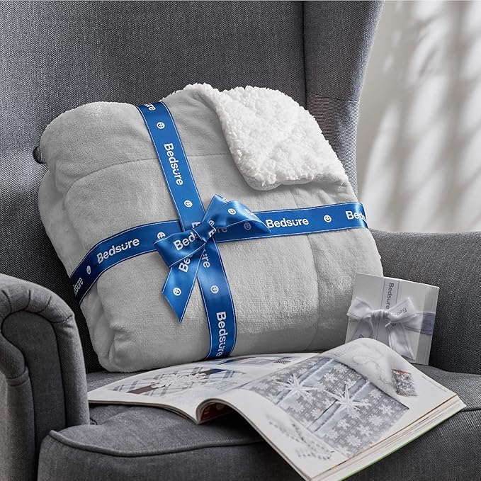 Bedsure GentleSoft Sherpa Fleece Blankets Queen Size for Bed - Thick and Warm Throw for Women and Men, Soft Fuzzy Plush Queen Blanket for Winter, Non-Heated, Light Grey, 90x90 Inches