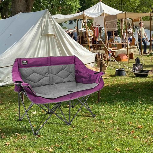 LANMOUNTAIN Folding Loveseat Camping Chair,Portable Double Chair w/Cup Holder,Wine Glass Holder,Carry Bag Heavy Duty Lawn Chair for 2 Adults,Perfect for Camp,Hiking,Picnics and Beach Trips,Purple