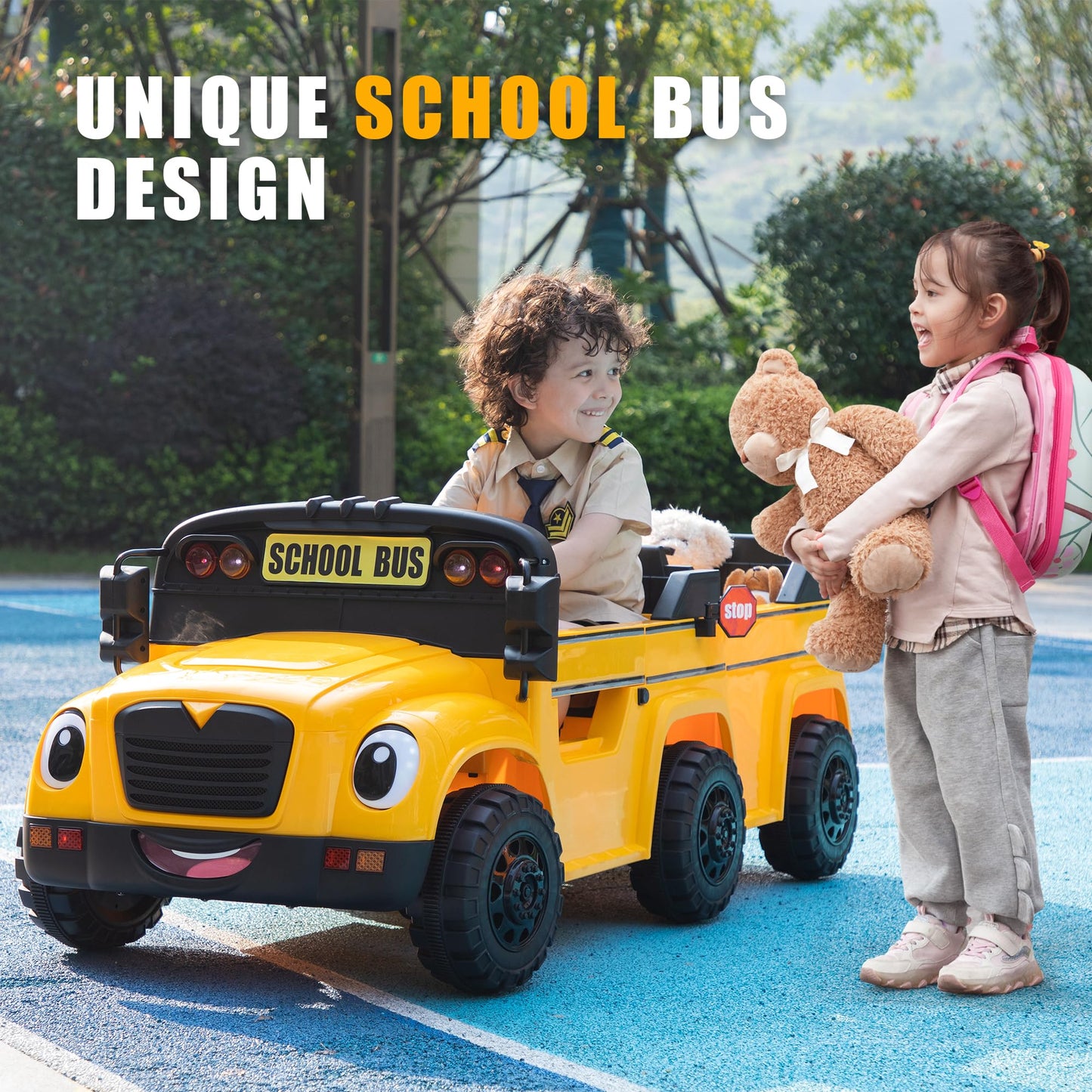 TOBBI 2 Seater Kids Eletric Ride on School Bus Toy, 35W-4WD Battery Powered Car with Remote Control/6 Wheels/Horn/LED/Music for Toddlers 3-8 Years, Yellow
