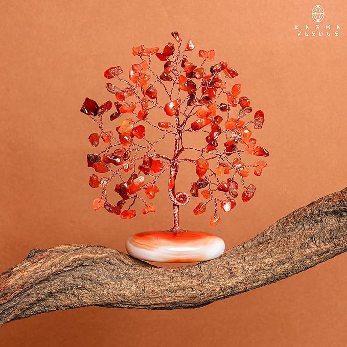 KARMAPLEDGE Crystal Tree of Life Home and Office Feng Shui Decor, Carnelian Healing Crystal Handmade Bonsai Tree for Positive Energy, Good Luck, Money, Christmas Decor, Birthday Gifts for Women, Mom