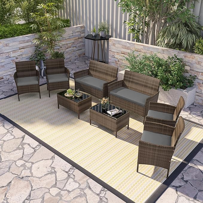 RELAX4LIFE 8-Piece Patio Furniture Set - Rattan Outdoor Conversation Bistro Set w/Cushions, Glass Coffee Table, Wicker Chairs & Loveseat for Garden Backyard Porch, Balcony Furniture Set (2, Grey)