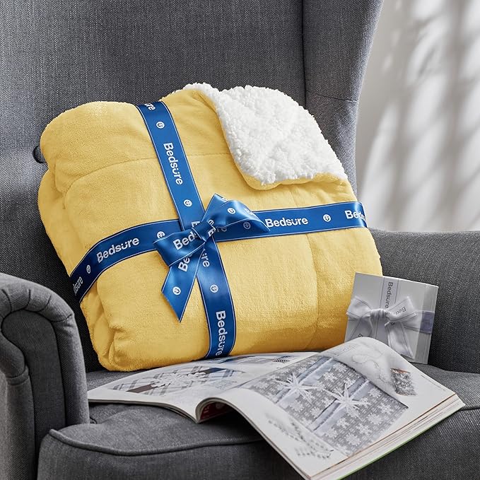 Bedsure GentleSoft Sherpa Fleece Throw Blanket for Couch - Thick and Warm Throw for Women and Men, Soft Fuzzy Plush Blanket for Winter, Non-Heated, Yellow, 50x60 Inches