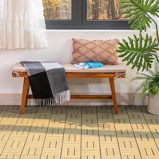 VICTORY RELAX Acacia Wood Decking Tiles 9PCS - Easy Snap Interlocking Deck Tiles for Patio Poolside Balcony Decor - All Weather Waterproof Flooring for Indoor & Outdoor (Round Joints)