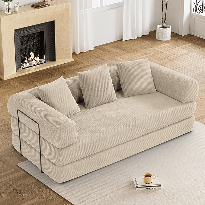 DAMAIFROM Convertible Sleeper Sofa Bed with Cylindrical Pillow, Corduroy Folding Mattress Couch with Fixed-Shape Frame, Modular Floor Sofa Lounge Couch for Living Room Bedroom Lounge, Light Brown