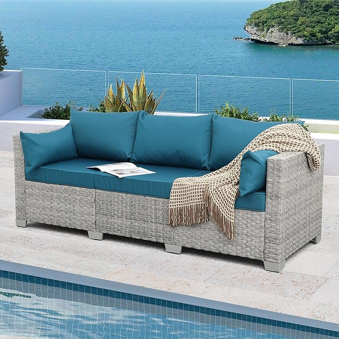 WAROOM Outdoor Couch 3 Seater Wicker Patio Sofa Grey Rattan Deep Seat Balcony Furniture Porch Seating with Peacock Blue Cushion