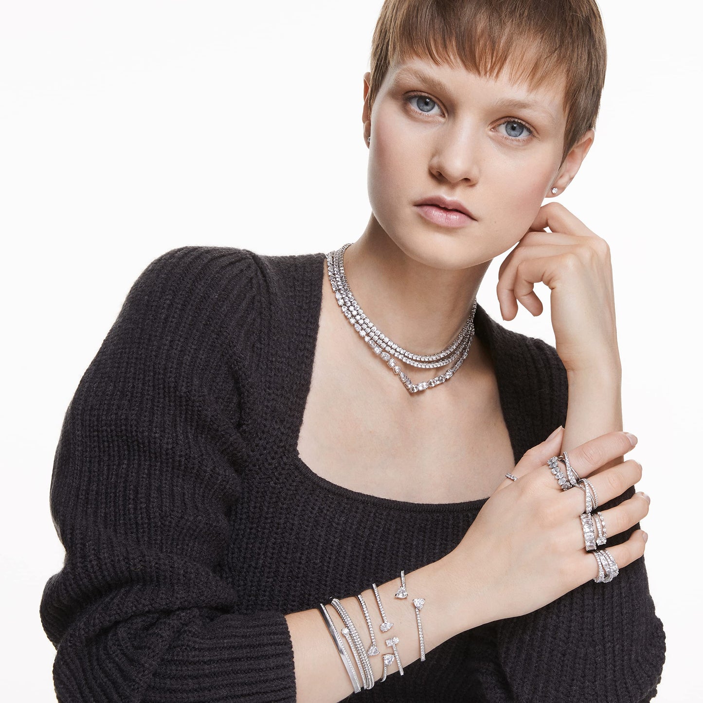 Swarovski Women's Hyperbola Ring, White Crystal Stones in a Spiral Design, Rhodium Finished Setting, Size 58