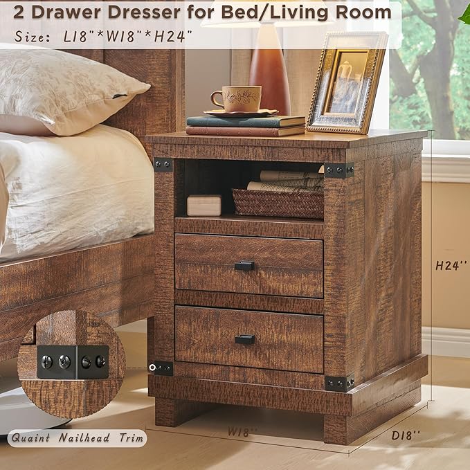 Farmhouse Nightstand with Charging Station, 18" Rustic Night Stand with 2 Storage Drawers, Wood End Table for Bedroom, Living Room, Reclaimed Barnwood