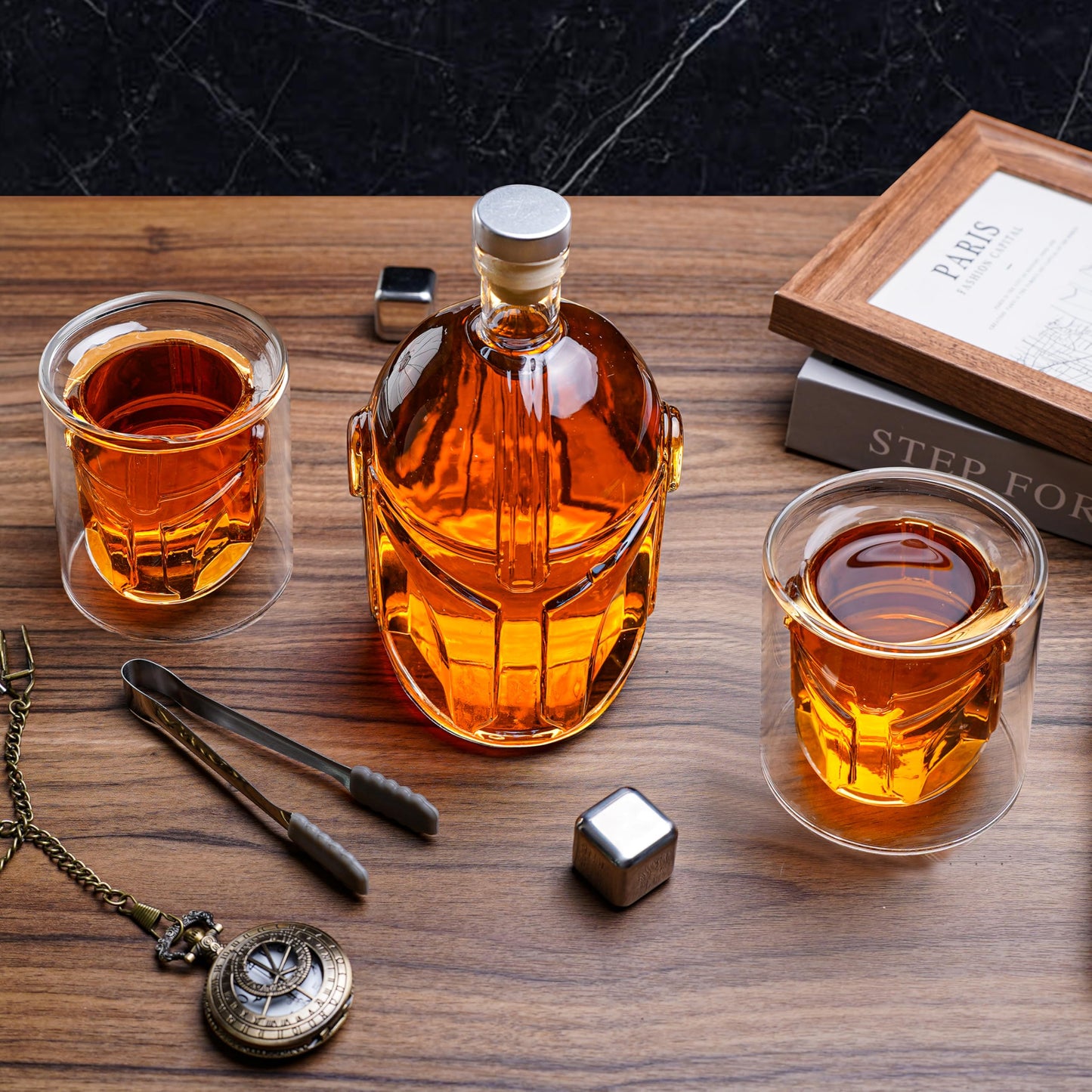 Cosmic Whiskey Decanter Set with 2 Glasses & Steel Stones - 1000ml/34oz Astronaut-Design, Artisan Crafted Lead-Free Glass - Signature Gift for Whiskey Lovers, Men
