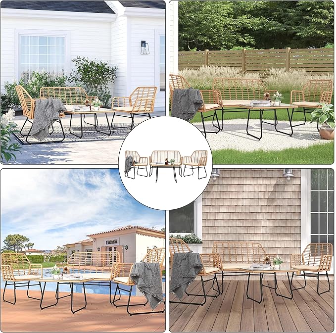 PAOLFOX 4 Piece Patio Conversation Set, Outdoor Wicker Furniture Set,Rattan Patio Furniture Sets for Backyard,Front Porch, Beige