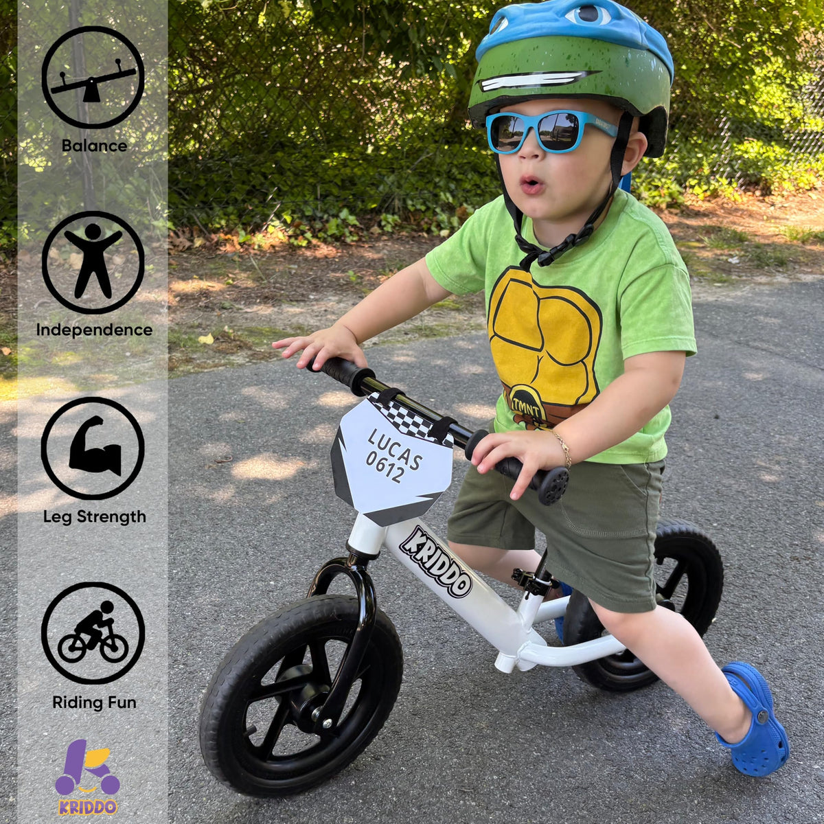 KRIDDO Toddler Balance Bike 2 Year Old, Age 24 Months to 5 Years Old, 12 Inch Push Bicycle with Customize Plate (3 Sets of Stickers Included), Gift Bike for 2-3 Boys Girls, White