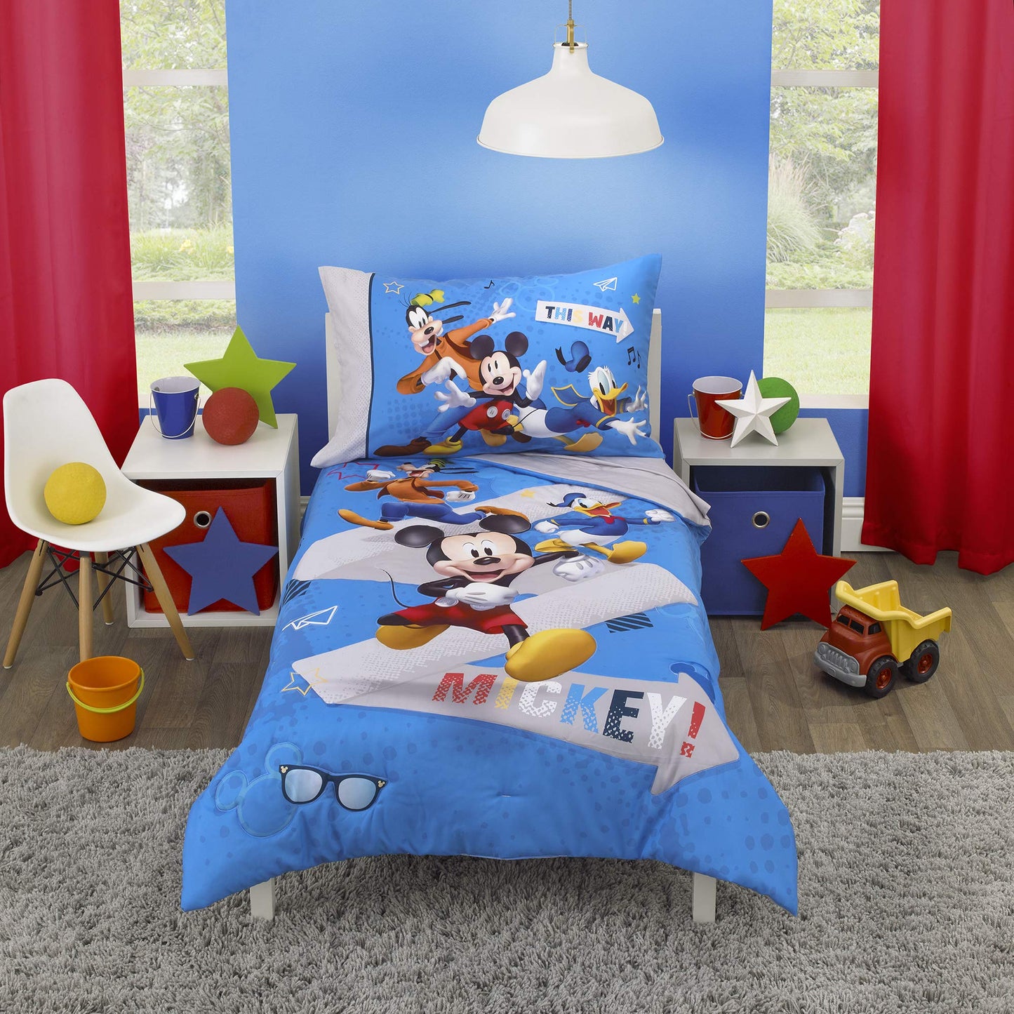 Disney Mickey Mouse Toddler Bed Set | 4 Piece Bedding Set | Fitted Sheet, Pillow Case, Top Sheet, and Comforter Quilt - Blue