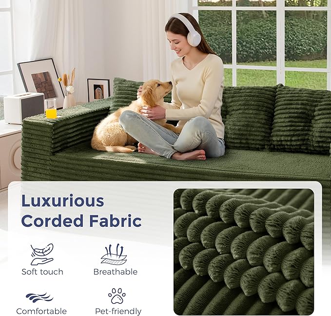 MAXYOYO 79" Oversized Boneless Loveseat Sofa Couch for Small Spaces, Mini Love Seat Floor Couch with Cup Holders and Pillows, 3-Seater Upholstered Cloud Couch for Bedroom, No Assembly Required