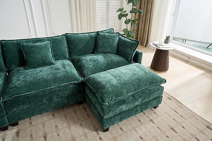 SoarFlash 113.78" Chenille Sectional Sofa, Comfy U Shaped Modular Coush Sofa with Ottoman, Modern 4 Seat Couch Deep Seat Sofa Set for Living Room,Green
