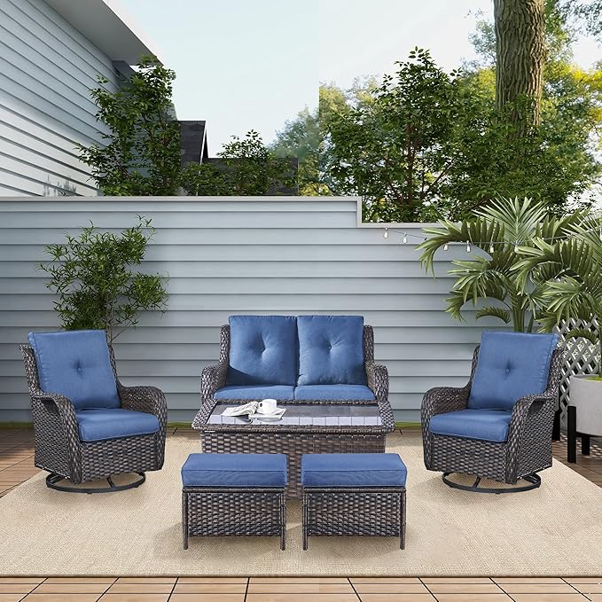 Belord Wicker Outdoor Furniture Patio Furniture Set - 6 Piece Patio Conversation Set with Swivel Rocker Chairs, Loveseat Sofa, Ottomans and Coffee Table, Blue Cushion