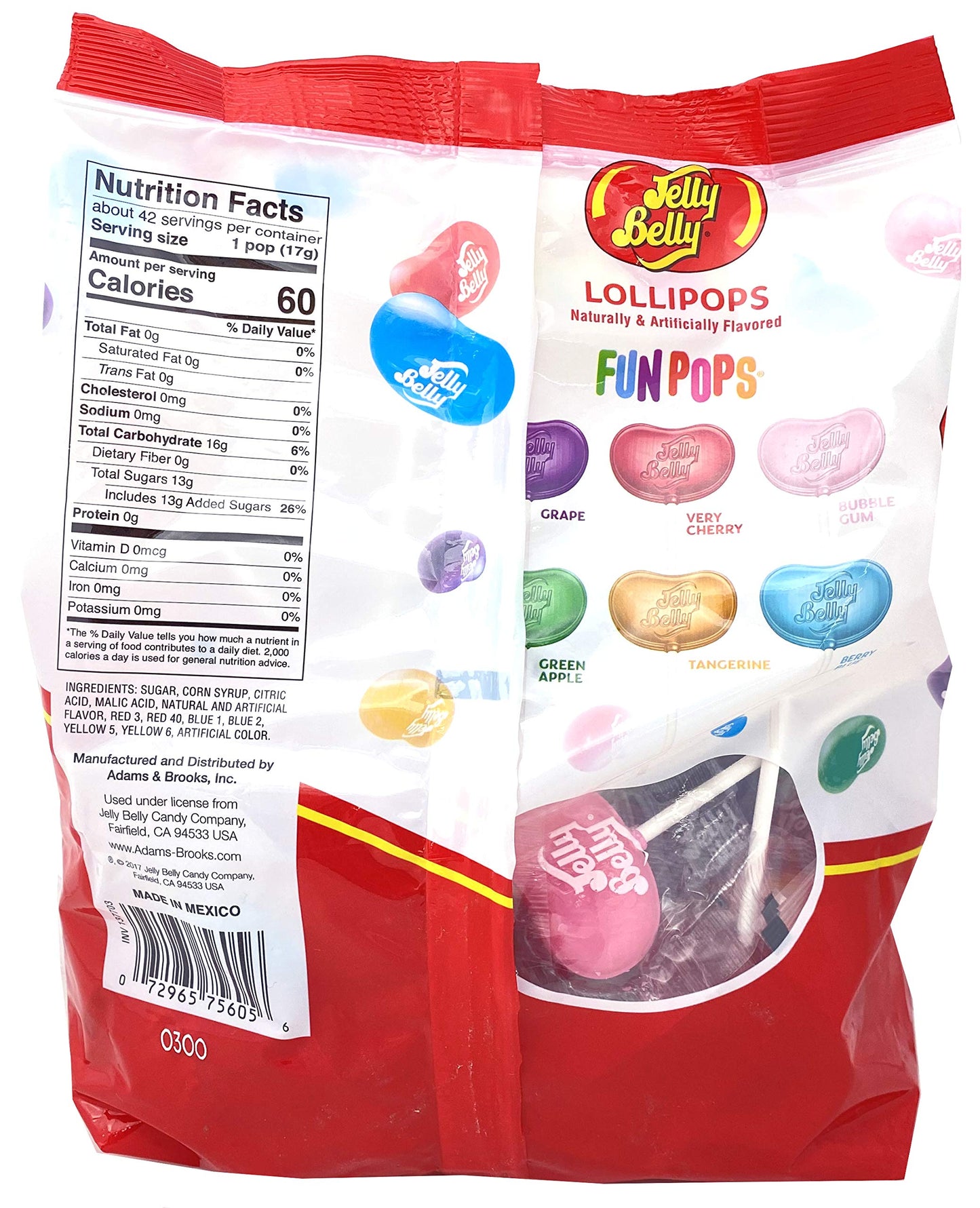 Adams & Brooks, Inc. Jelly Belly Lollipops, Jelly Belly Candy, Classic Jelly Belly Flavors, Individually Wrapped Lollipops, Kosher Candy (42 Count)