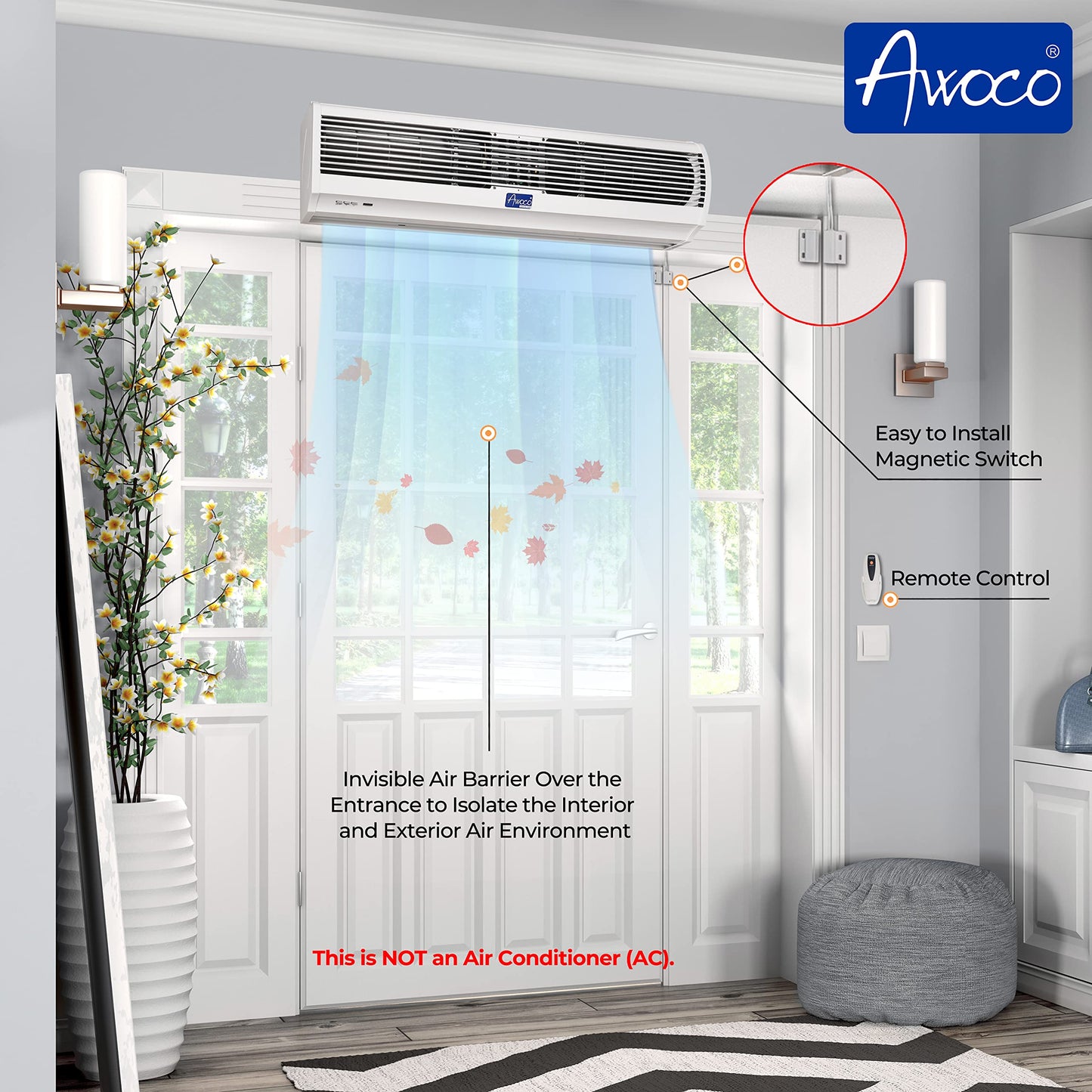 Awoco 36 Fm-1209T 1100 Cfm Slim Indoor Air Curtain, Ce Certified, 120V Unheated With Remote Control And Magnetic Switch, Powerfu